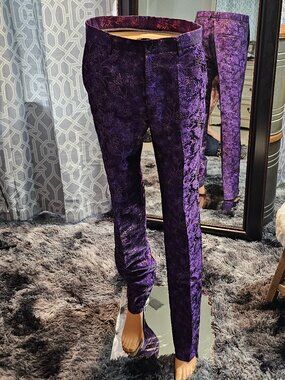 Men’s Purple Jacquard Paisley Slim‑Fit Trousers – Size 32x31